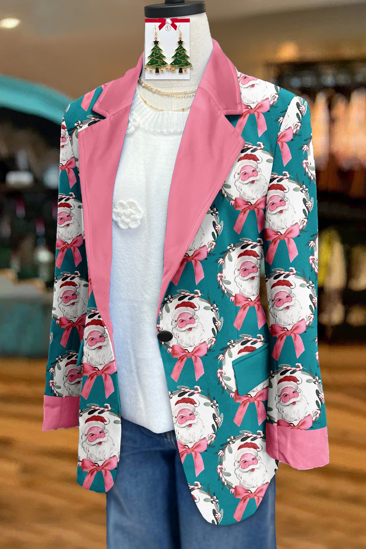 Sweet Christmas Santa Claus Print Blazer