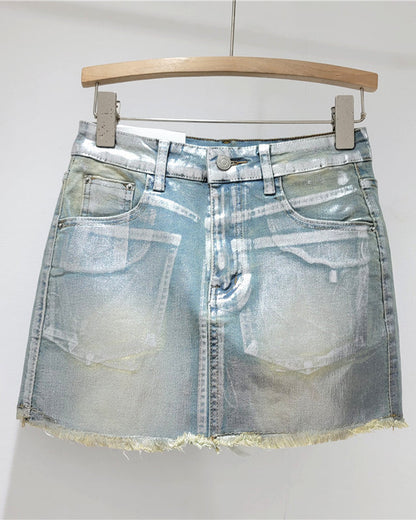 A-Line Hot Stamping High-Waist Hip-Hugging Denim Skirt