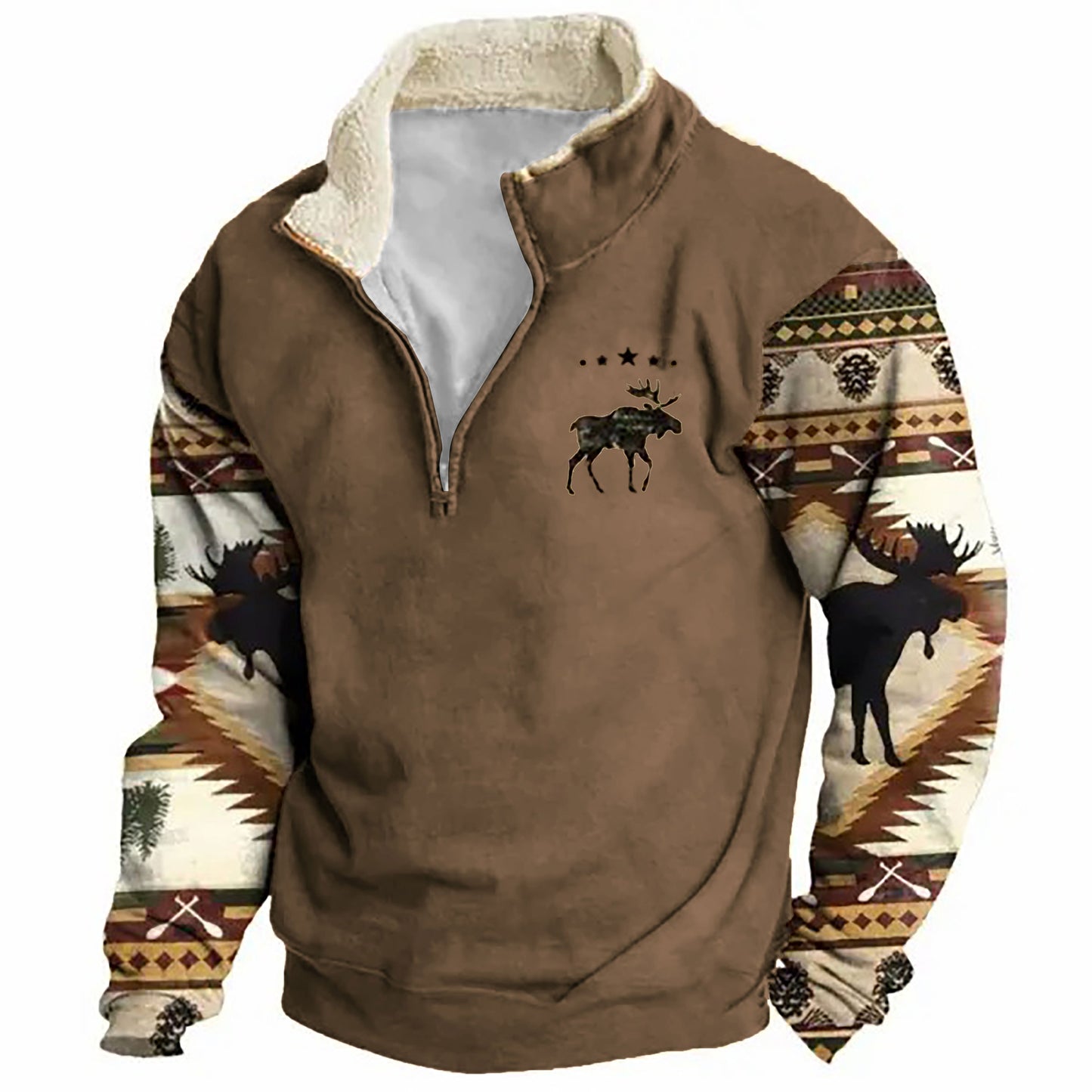 Men's Sweatshirt Retro Moose Creek Ethnic Print Plush Half Open Collar Pullover