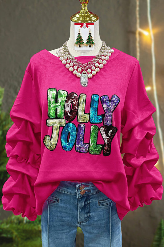 Cute Holly Jolly Sequin Print Pleated Sweatshirt