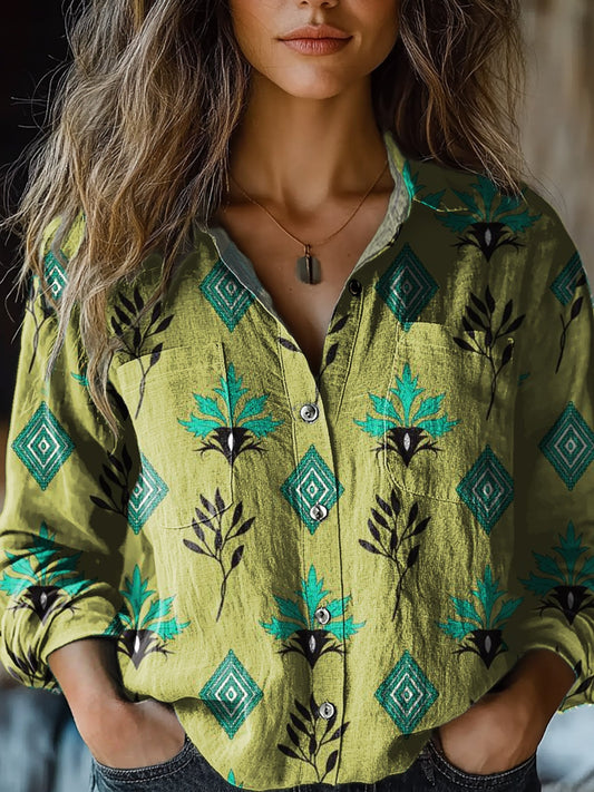 Women's Retro Green Floral Print Casual Long Sleeve Comfortable Cotton Shirt