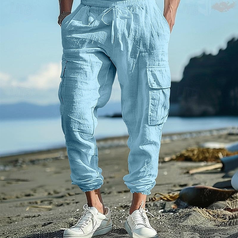 Men's Casual Drawstring Solid Color Loose Cotton Linen Work Pants