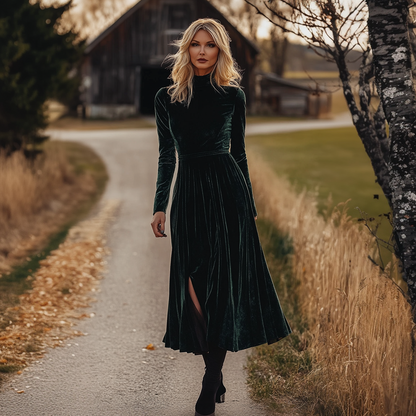 Ladies Vintage Long-sleeved Velvet Midi Dresses