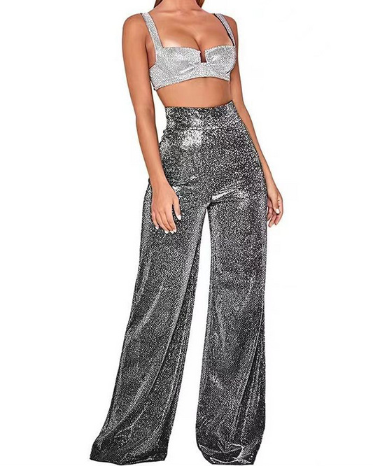 Silver High-Waisted Wide-Leg Slacks