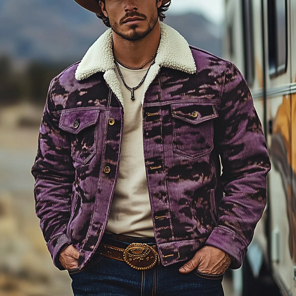 Men's Vintage Western Cowboy Printed Sherpa Jacket