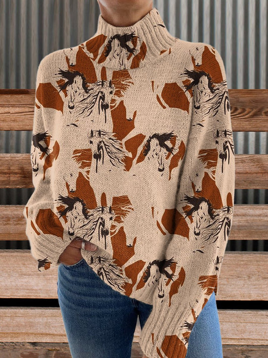 Vintage Western Cowboy Horse Print Knit Turtleneck Pullover Sweater