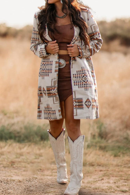 Retro Western Aztec Pattern Lapel Trench Coat