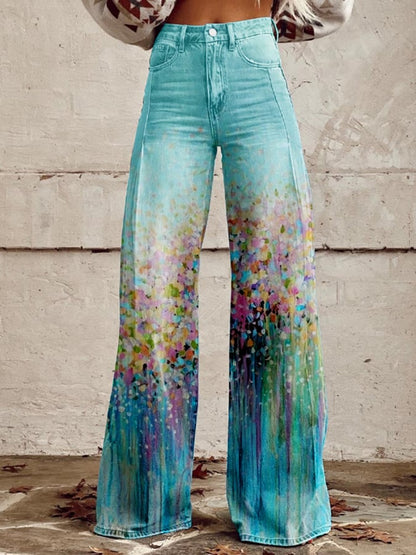 Women's Vintage Oil Painting Floral Wide Leg Pants