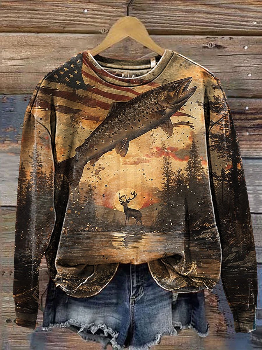 Vintage Forest Flag Print Casual Sweatshirt