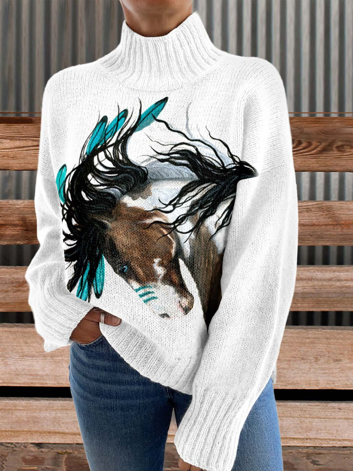 Horse Art Print Knit Turtleneck Pullover Sweater