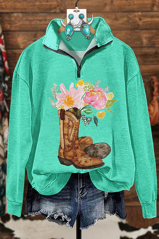 Western Boots Floral Zipper Sweatshirt