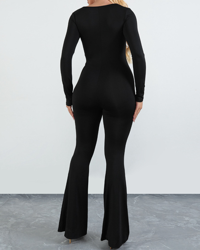 Long Sleeve V-Neck Tight Trim Jumpsuit