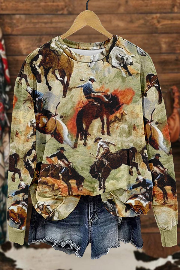 Retro Western Cowboy Horse Racing Rodeo Print Sweatshirt