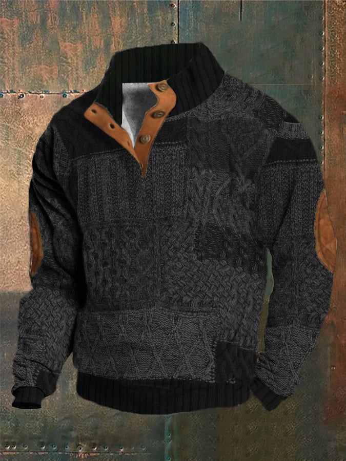 Men's Western Vintage Knitted Patchwork Printed Stand Collar Button Sweatshirt