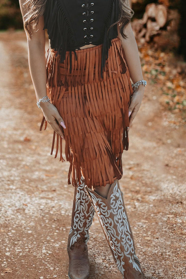 Vintage Layered Fringed Suede Skirt