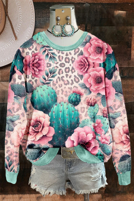 Sweet Western Leopard Cactus Print Sweatshirt