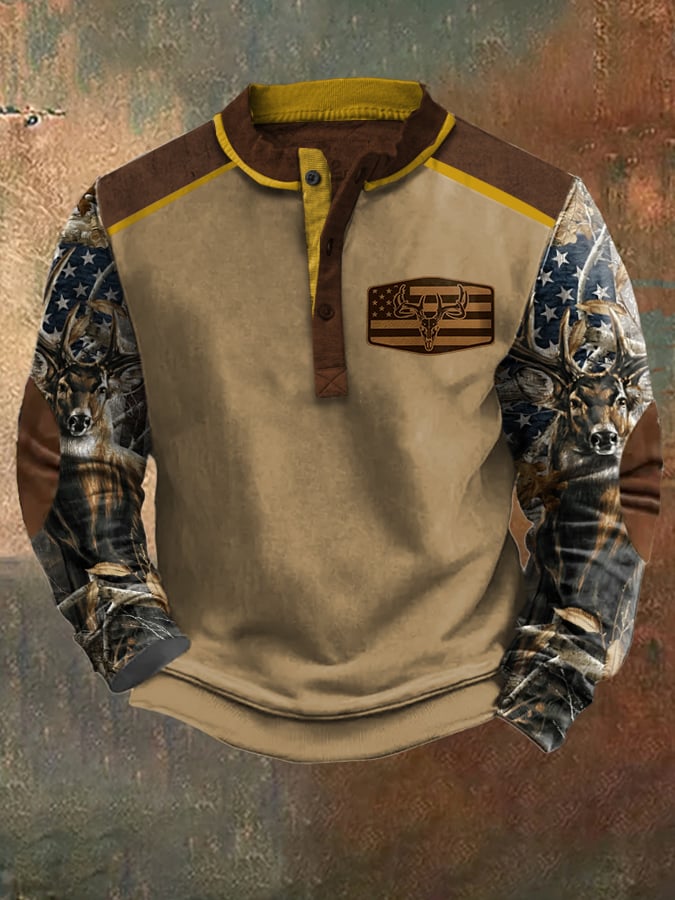 Men's Casual Vintage Contrast Elk Western Sweatshirt