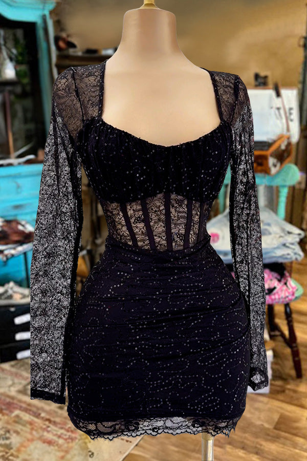 Lace Sequin See Through Mini Dress