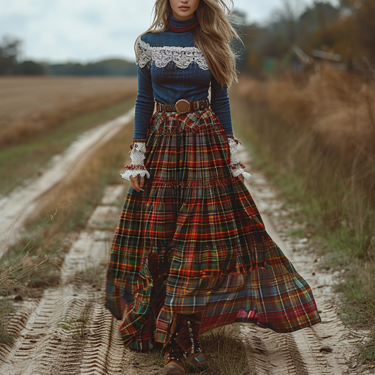 Women's Retro High Neck Long Sleeve Long Skirt Plaid Pastoral Style Dress