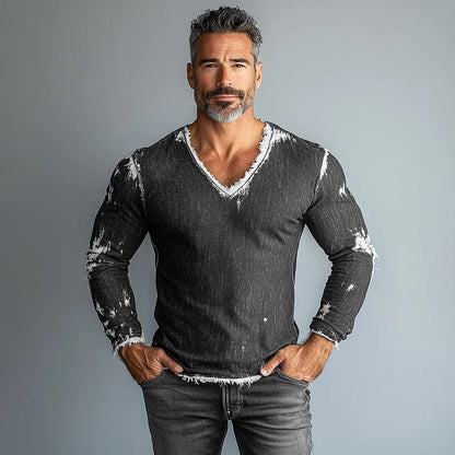 Men's Vintage Denim Raw Edge V-neck Long Sleeve T-shirt