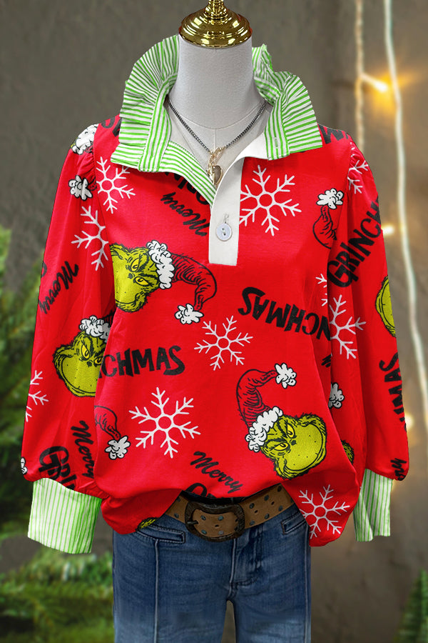 Cute Christmas Grinch Print Puff Sleeve Blouse