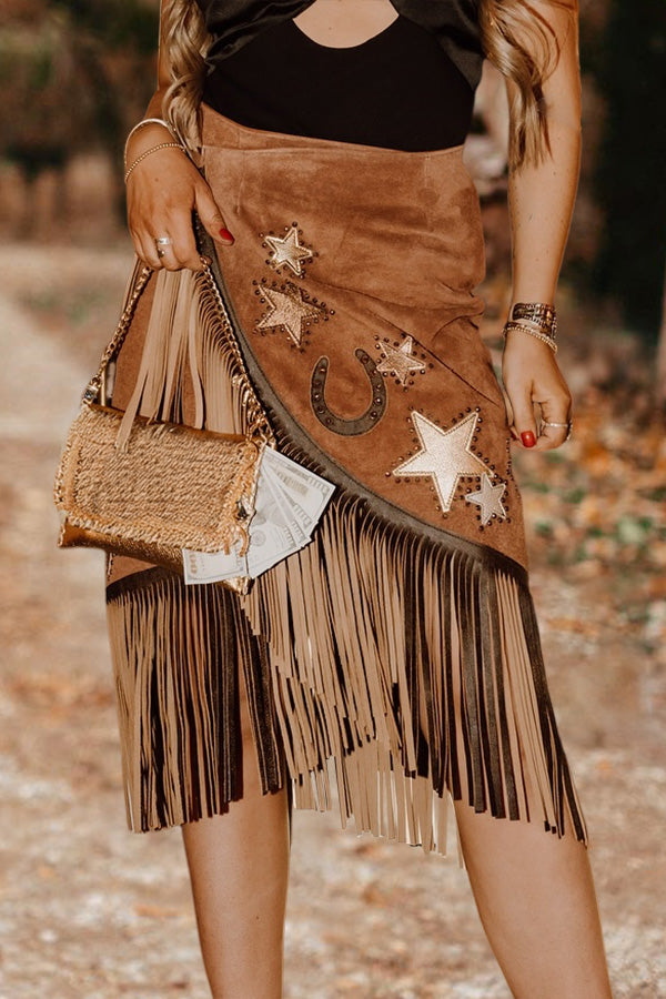 Pretty Fringed Star Suede Skirt