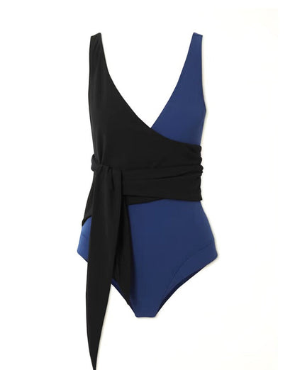 Black Blue Color Block Lace Up One Piece Swimsuit And Cover up