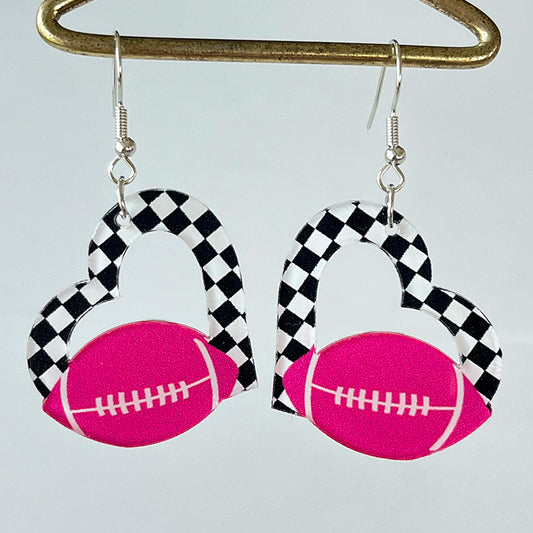 Pink Football Checkerboard Hollow Heart Earrings