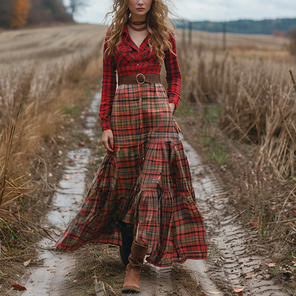 Retro V-neck Plaid Women's Long-sleeved Long Skirt Country Pastoral Retro Dress