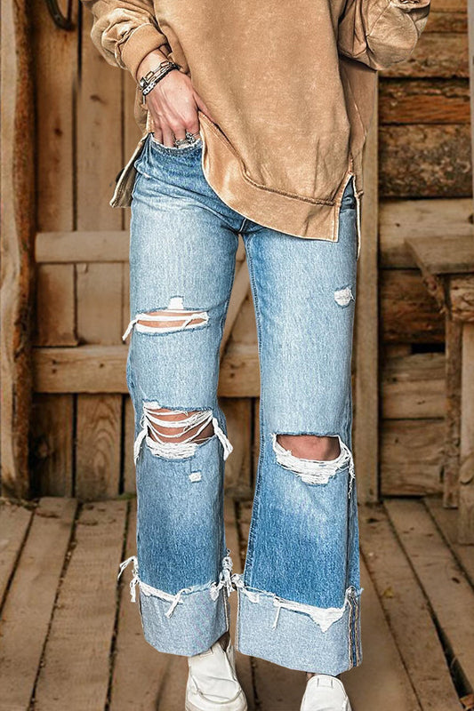 Distressed Asymmetric Wide-Leg Jeans