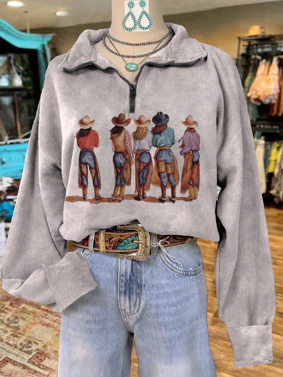 Vintage Cowgirl Print Casual Long Sleeve Zip Sweatshirt