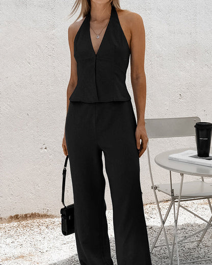 Cotton and Linen Sleeveless Halter Top and High-Waisted Trousers Two-Piece Set