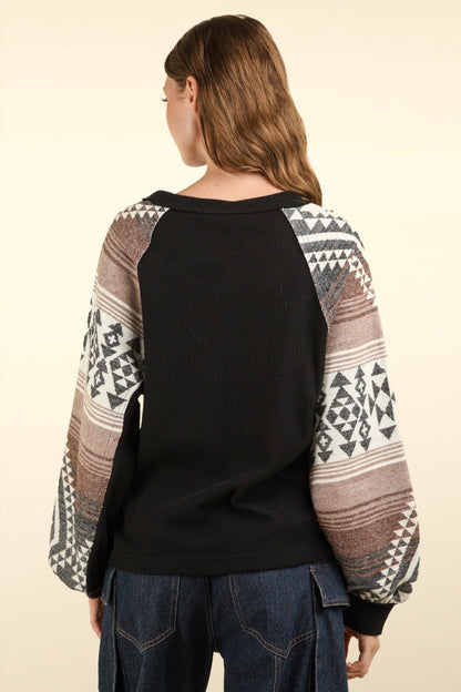 Aztec Printed Long Sleeve Round Neck Knit Top