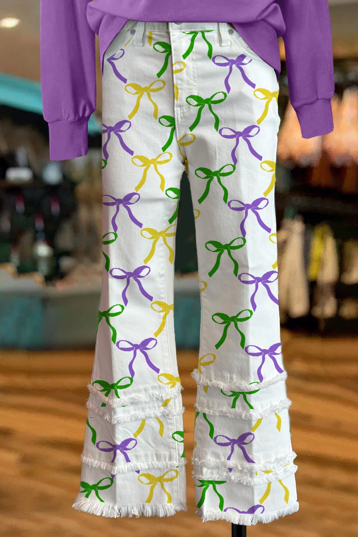 Mardi Gras Bow Print Raw Hem Pants