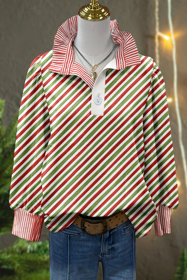 Classic Christmas Print Stripe Puff Sleeve Blouse