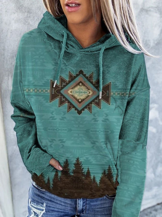 Vintage Western Print Hooded Long Sleeve Sweatshirt