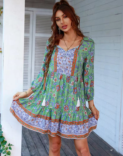 V-neck Print Casual Bohemian Lace-up Mini Dress