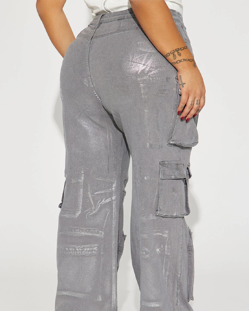 Silver Pressed Multi-Pocket High-Waist Jeans