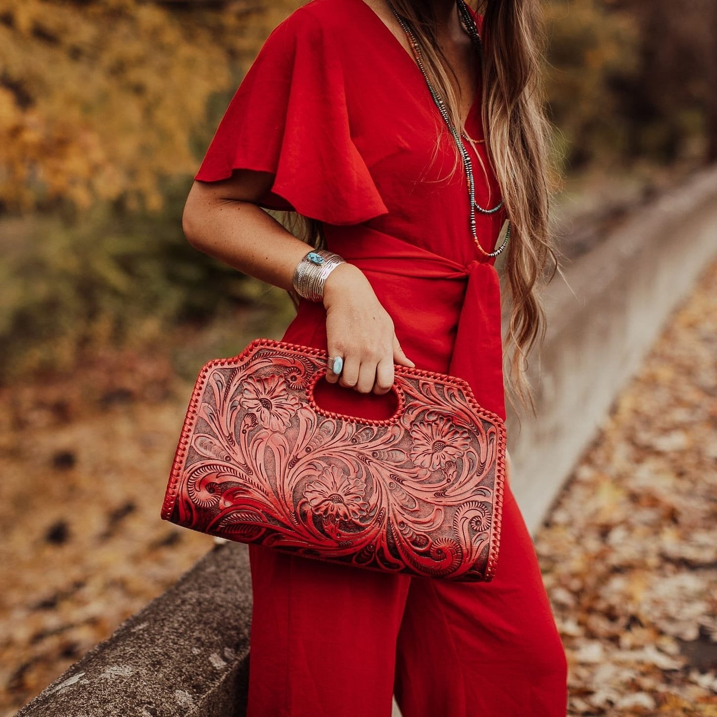 Floral Tooled Leather Clutch - Choice of Colors