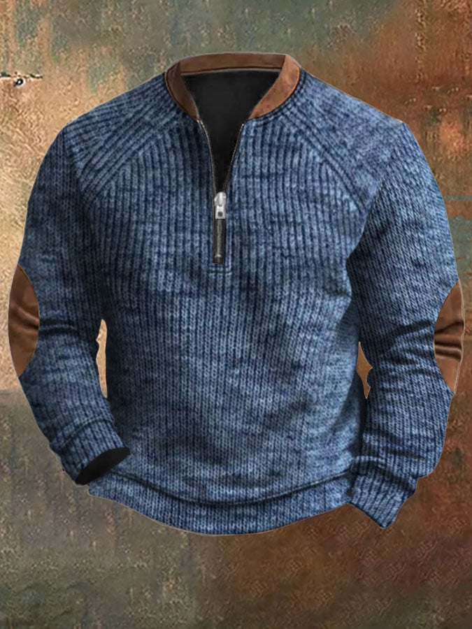 Men's Vintage Western Knit Print Zipper Stand Collar Casual Sweatshirt