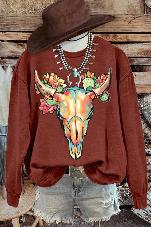 Retro Western Bull Head Print Sweatshirt