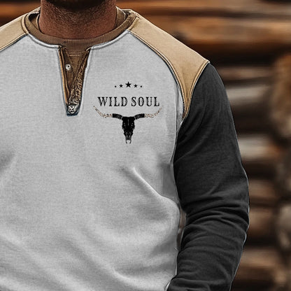 Men's Outdoor VintageWestern Bull Skull Print Casual Henley Sweatshirt