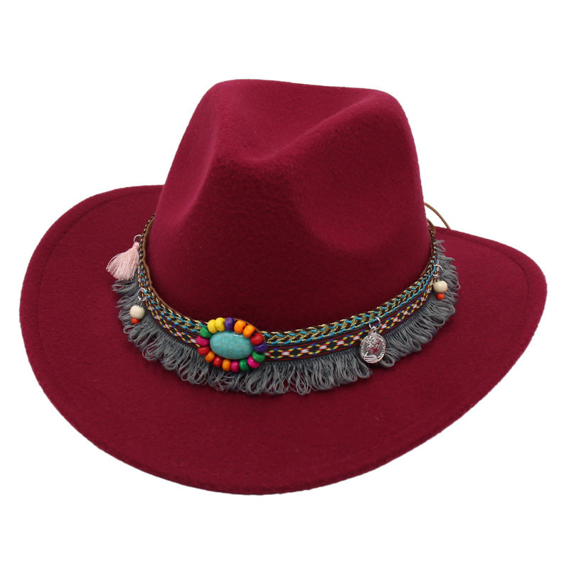 Men's Vintage Western Ethnic Tassels Cowboy Hat Knight Woolen British Felt Hat