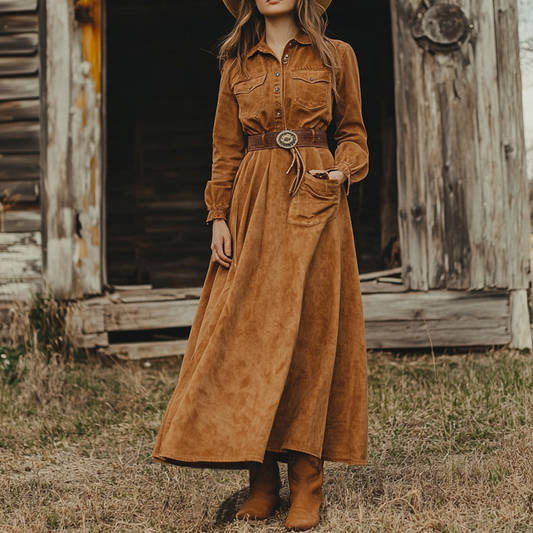 Ladies Vintage Western Style Pastoral Shirt Collar Pocket Rustic Boho Saddle Brown Chamois Dress