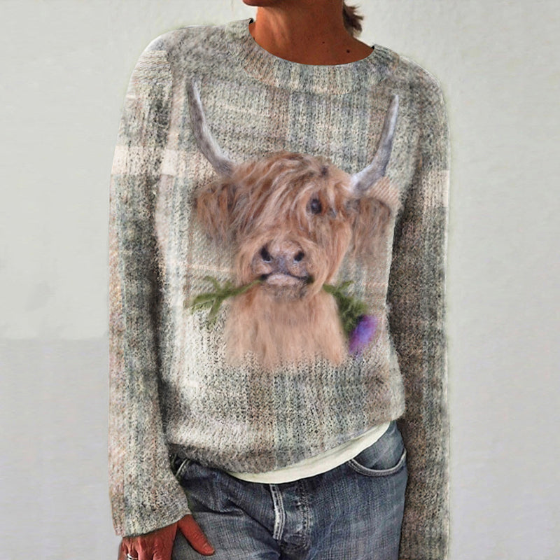 Highland Cow Greetings Wool Felt Art Crew Neck Sweater