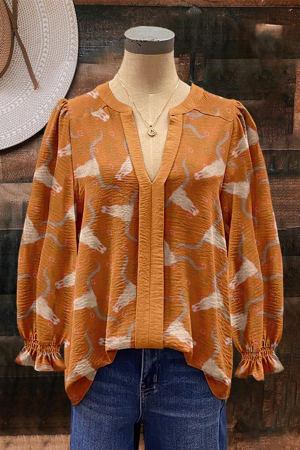 Western Longhorns Print Puff Sleeve Blouse