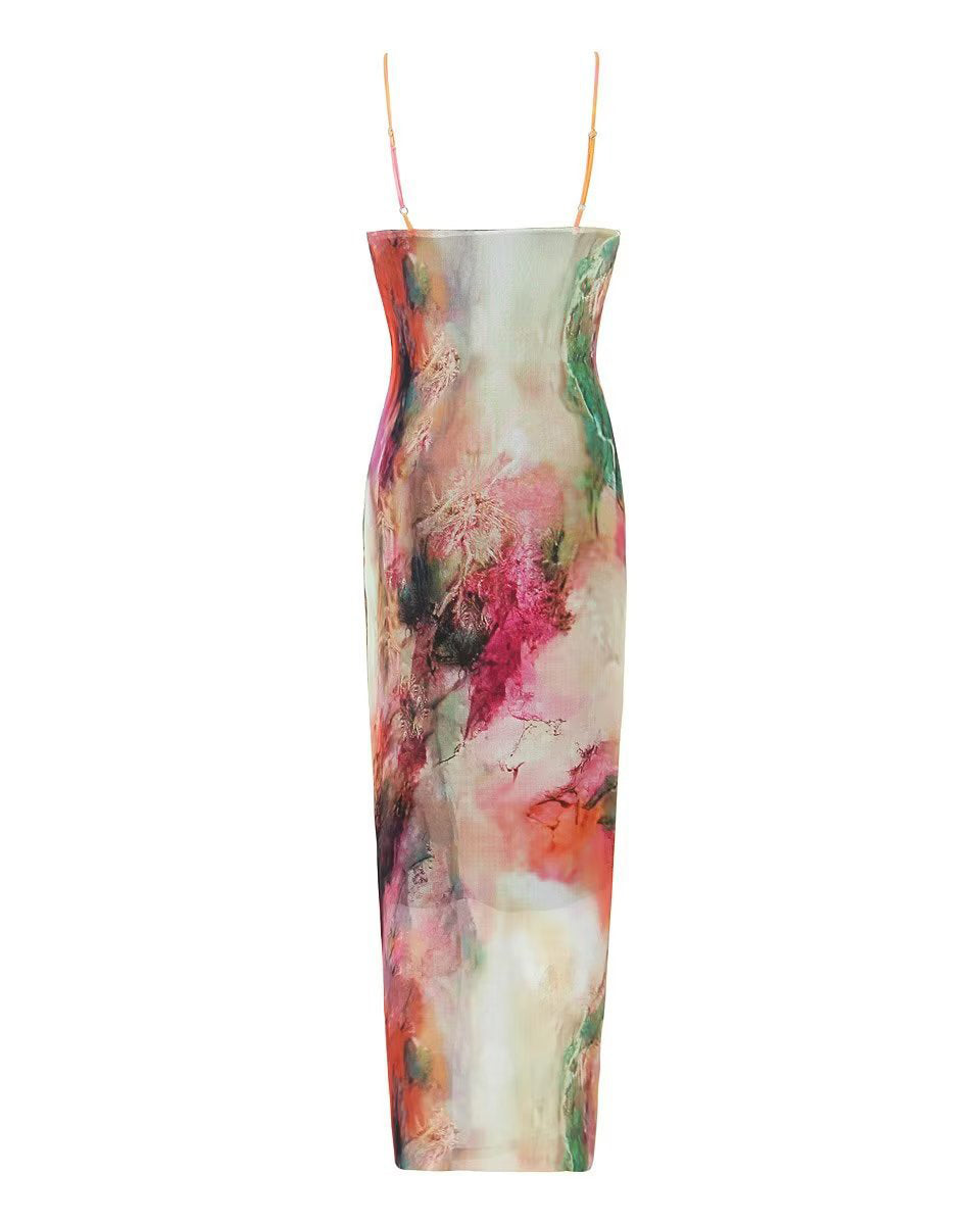 Silk Printed Long Slim Fit Suspender Dress