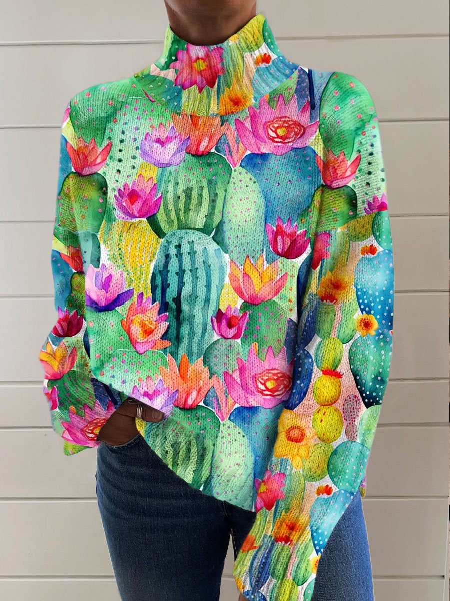 Vintage Western Cactus Flowers Art Print Knit Turtleneck Pullover Sweater