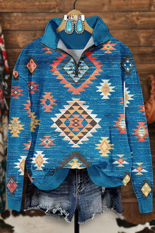 Retro Western Aztec Print Zip-Up Sweatshirt