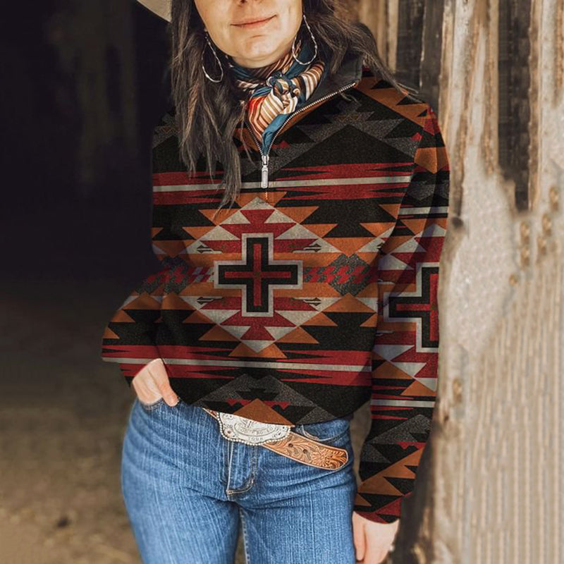 Women's Vintage Aztec Print Zip Long Sleeve Sweatshirt